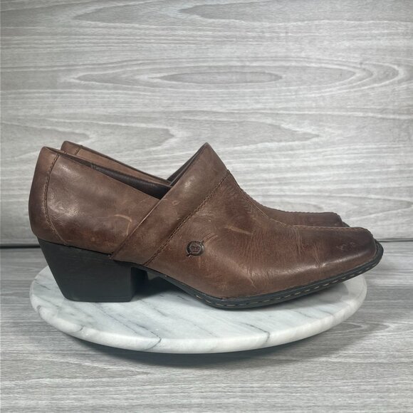 Born Kinney Boots Womens 10 Brown Leather Slip On Shoes Square Toe Ankle Booties - Picture 4 of 14